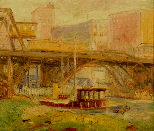 Krehbiel painting of the El Train over the Chicago River Bridge